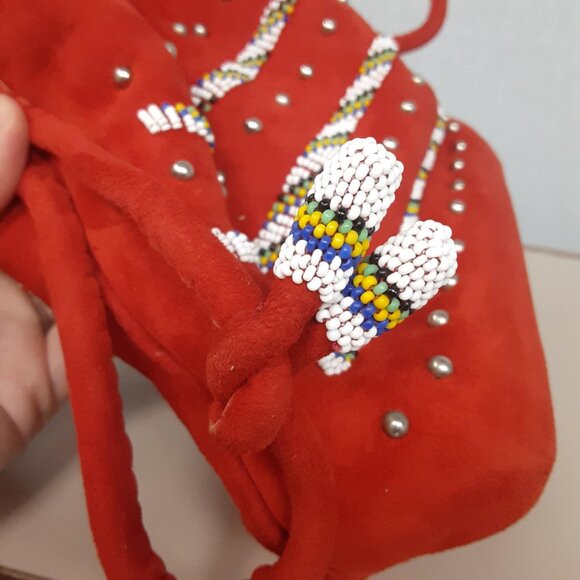 Vintage Ladies Red Suede Hand beaded drawstring bag Southwestern - Picture 6 of 12